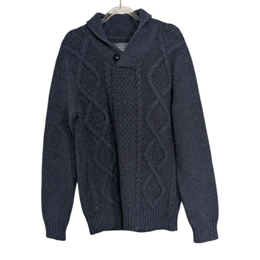 Cambridge Dry Goods Cable Knit Sweater Mens Size Small Blue Shawl Collar